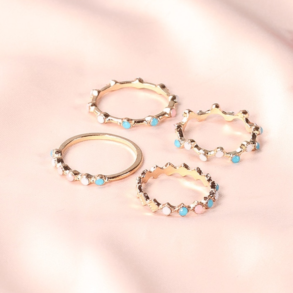 Pastel Colorful Stone Beads 4-piece Gold Ring Set - Picture 6 of 6